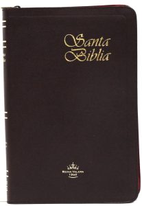 Biblia RVR Ultra Fina. Tapa piel fabricada con índice y cremallera. Color granate
